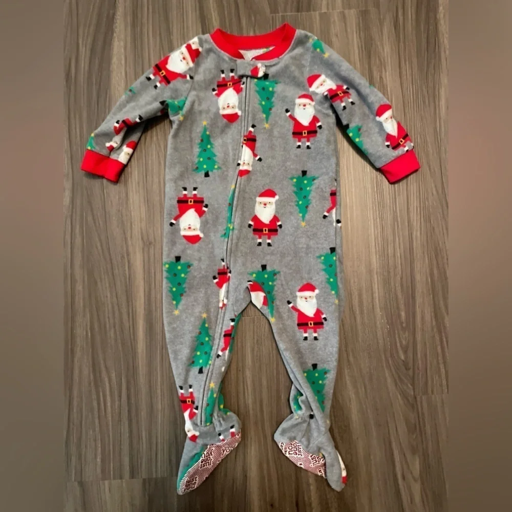 Carter's Santa Gray and Red fleece Footies One Piece size 18 months